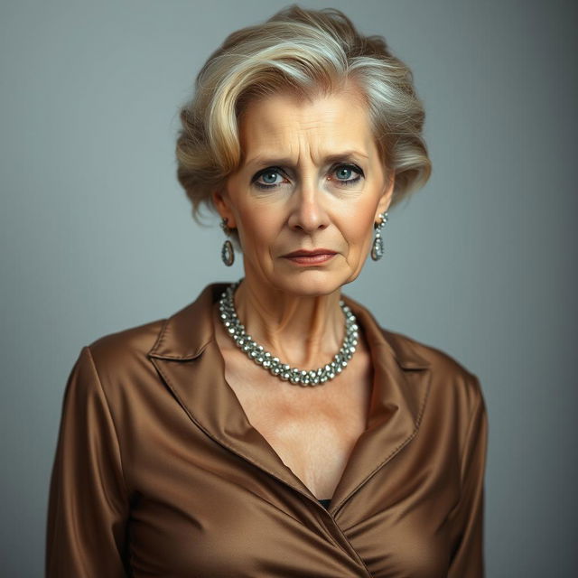 A beautiful 50-year-old woman dressed in a sexy yet completely modest outfit, capturing an essence of elegance without revealing any skin