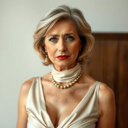 A beautiful 50-year-old woman dressed in a sexy yet completely modest outfit, capturing an essence of elegance without revealing any skin