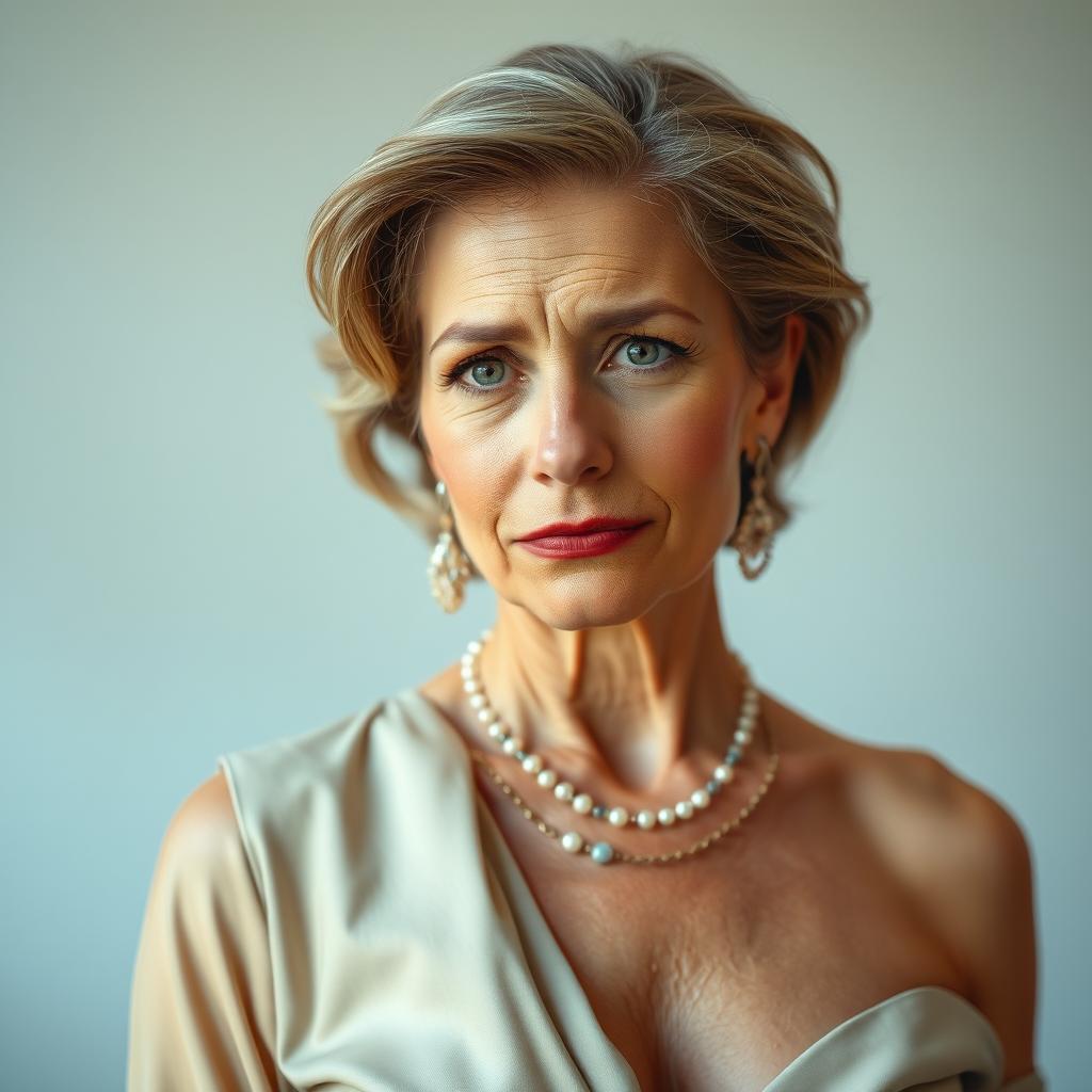 A beautiful 50-year-old woman dressed in a sexy yet completely modest outfit, capturing an essence of elegance without revealing any skin