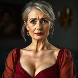 A beautiful 50-year-old woman dressed in a sexy yet completely modest outfit, capturing an essence of elegance without revealing any skin