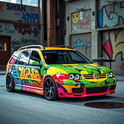 A custom Volkswagen Golf 4 Variant from 2003, featuring a unique and creative paint job that showcases vibrant colors and artistic designs