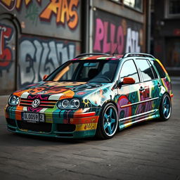 A custom Volkswagen Golf 4 Variant from 2003, featuring a unique and creative paint job that showcases vibrant colors and artistic designs
