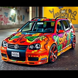 A custom Volkswagen Golf 4 Variant from 2003, featuring a unique and creative paint job that showcases vibrant colors and artistic designs