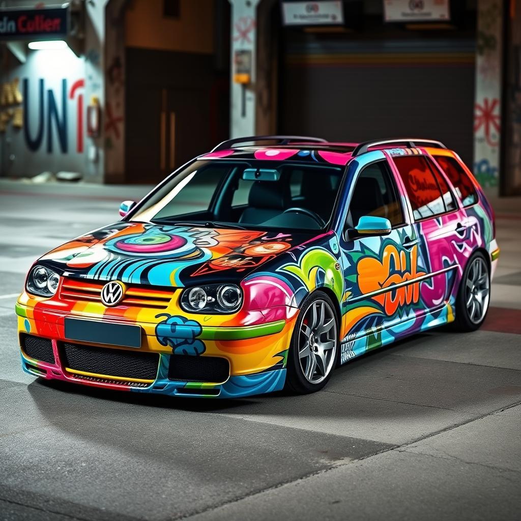 A custom Volkswagen Golf 4 Variant from 2003, featuring a unique and creative paint job that showcases vibrant colors and artistic designs