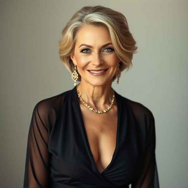 A gorgeous 50-year-old woman dressed in a sexy yet fully modest outfit, radiating elegance while revealing no skin