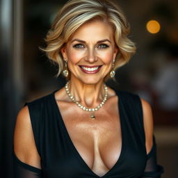 A stunning 50-year-old woman dressed in a sexy yet modest outfit, exuding charm and sophistication without revealing any skin