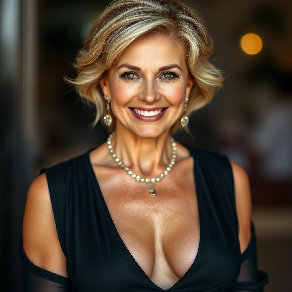 A stunning 50-year-old woman dressed in a sexy yet modest outfit, exuding charm and sophistication without revealing any skin
