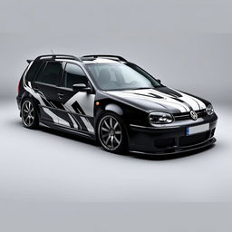 A custom Volkswagen Golf 4 Variant from 2003, featuring a striking black and white color scheme