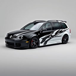A custom Volkswagen Golf 4 Variant from 2003, featuring a striking black and white color scheme