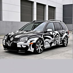 A custom Volkswagen Golf 4 Variant from 2003, featuring an eye-catching black and white paint job