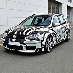 A custom Volkswagen Golf 4 Variant from 2003, featuring an eye-catching black and white paint job