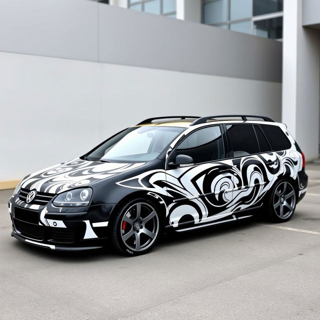 A custom Volkswagen Golf 4 Variant from 2003, featuring an eye-catching black and white paint job