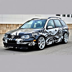 A custom Volkswagen Golf 4 Variant from 2003, featuring an eye-catching black and white paint job