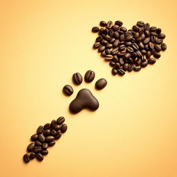 A creative and artistic composition featuring a paw print design intricately formed with coffee beans arranged in the shape of a heart