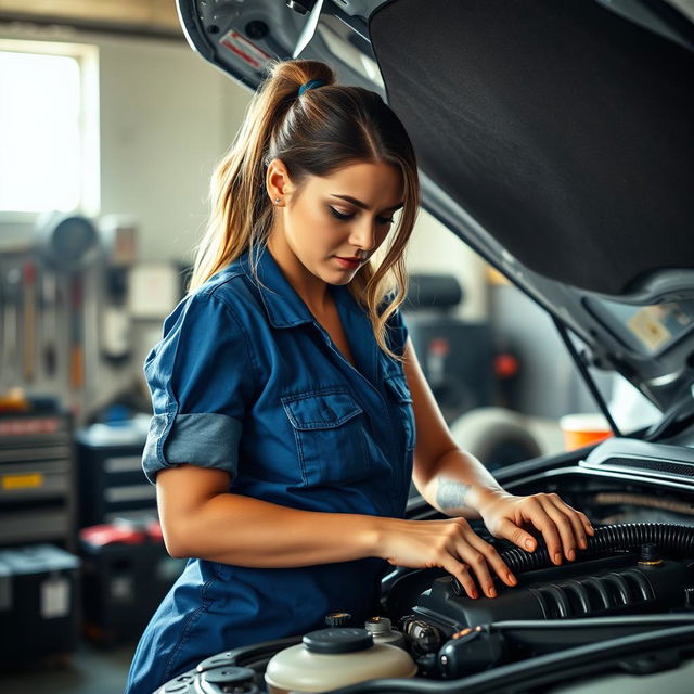 A young woman actively repairing the engine of her car, showcasing her determination and skill