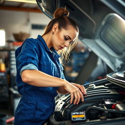 A young woman actively repairing the engine of her car, showcasing her determination and skill