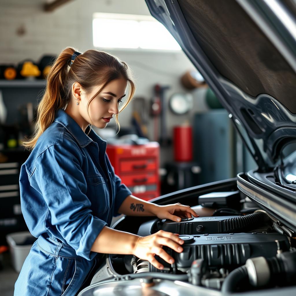 A young woman actively repairing the engine of her car, showcasing her determination and skill