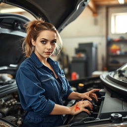 A young woman actively repairing the engine of her car, showcasing her determination and skill
