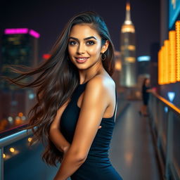 A beautiful, alluring young woman with long flowing hair, wearing a stylish form-fitting dress that accentuates her curves
