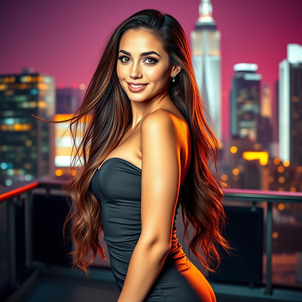 A beautiful, alluring young woman with long flowing hair, wearing a stylish form-fitting dress that accentuates her curves