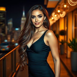 A beautiful, alluring young woman with long flowing hair, wearing a stylish form-fitting dress that accentuates her curves