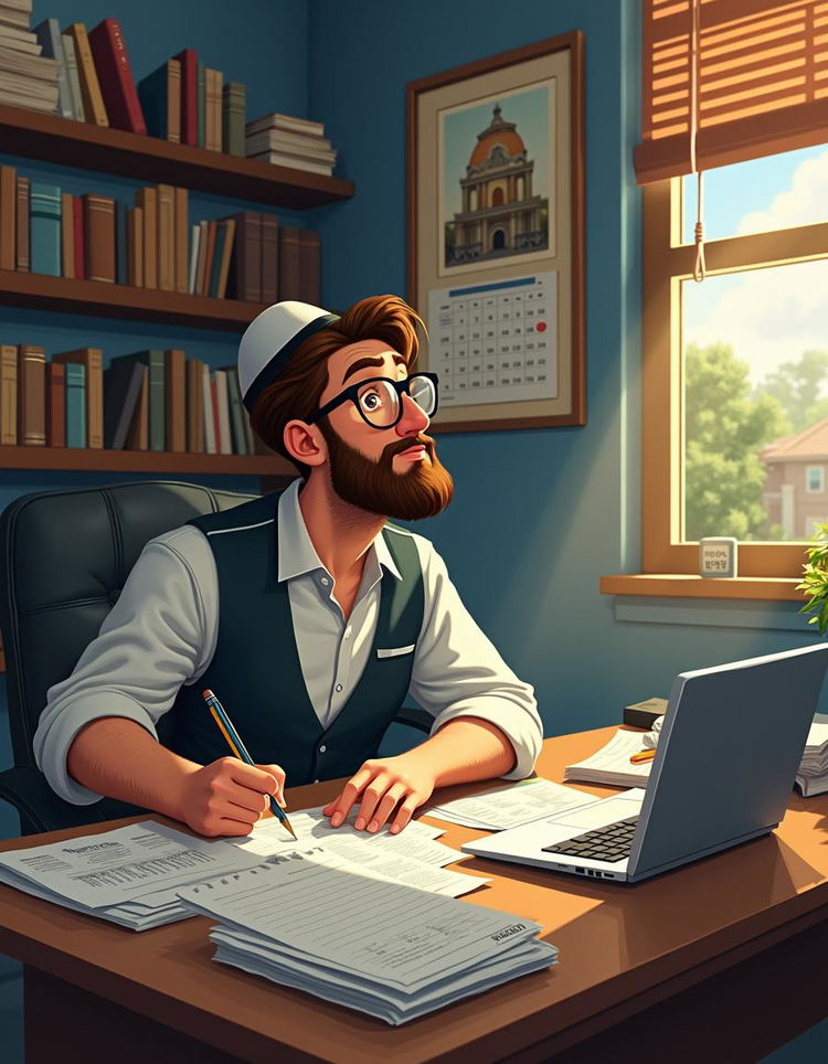 A scene depicting a Jewish accountant sitting at a desk cluttered with financial documents and a laptop, wearing a yarmulke and glasses, focused intently on his work