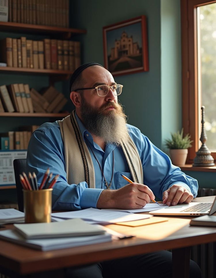 A scene depicting a Jewish accountant sitting at a desk cluttered with financial documents and a laptop, wearing a traditional yarmulke and thick round glasses