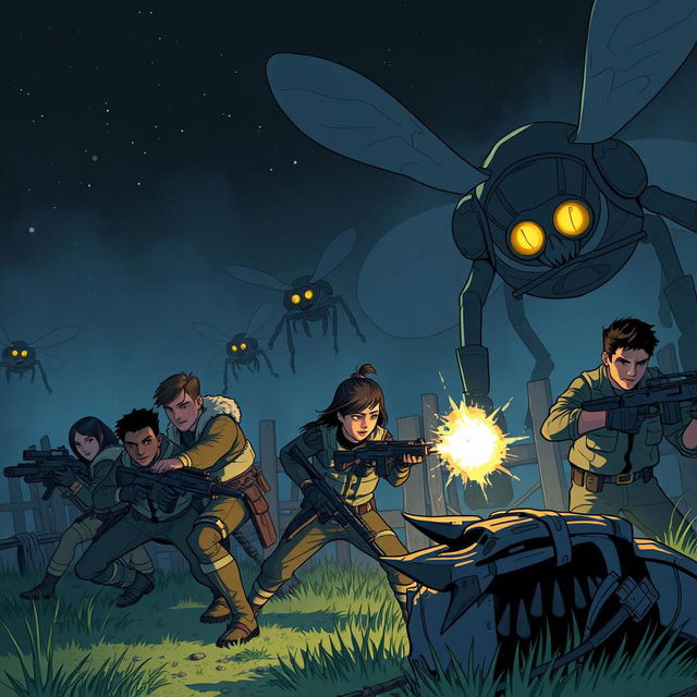 Illustrate a scene of resistance in action, set at night as brave defenders protect their land from looming threats