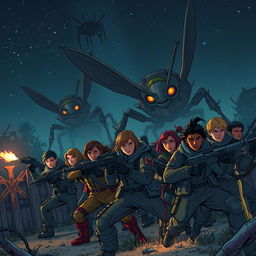 Illustrate a scene of resistance in action, set at night as brave defenders protect their land from looming threats