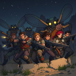 Illustrate a scene of resistance in action, set at night as brave defenders protect their land from looming threats