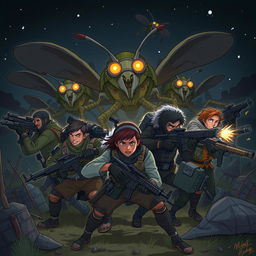 Illustrate a scene of resistance in action, set at night as brave defenders protect their land from looming threats