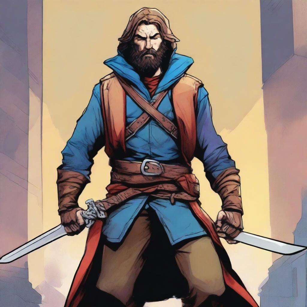 A comic-style digital art illustration features a homeless vagrant fighter from a fantasy DnD setting