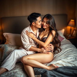 A Chinese man in comfortable pajamas embracing and gently kissing a beautiful, sexy woman in a cozy bedroom setting