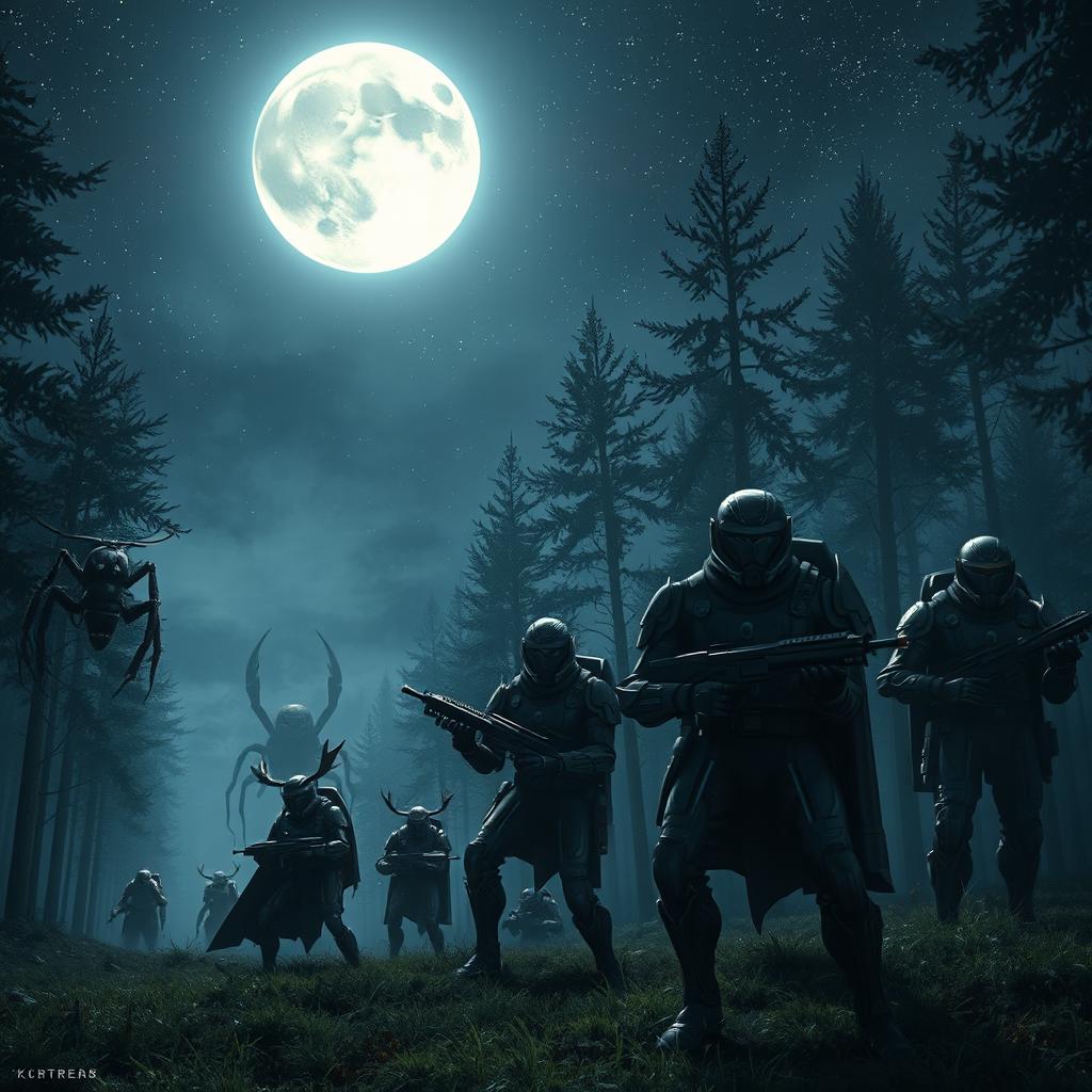 A hyper-realistic scene depicting a group of brave warriors in a forest at night, standing resolutely to protect their land