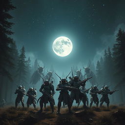 A hyper-realistic scene depicting a group of brave warriors in a forest at night, standing resolutely to protect their land