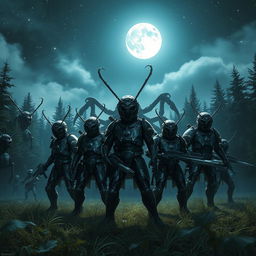 A hyper-realistic scene depicting a group of brave warriors in a forest at night, standing resolutely to protect their land