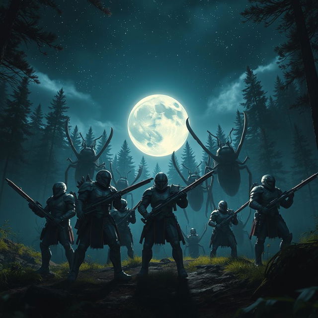 A hyper-realistic scene depicting a group of brave warriors in a forest at night, standing resolutely to protect their land