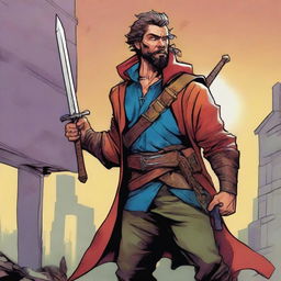 A comic-style digital art illustration features a homeless vagrant fighter from a fantasy DnD setting