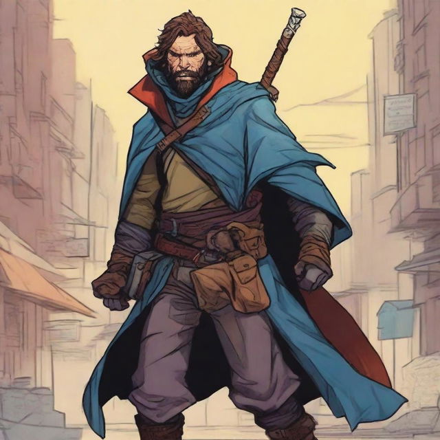 A comic-style digital art illustration features a homeless vagrant fighter from a fantasy DnD setting