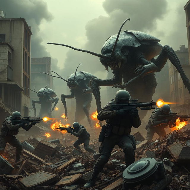 A hyper-realistic scene of a war-torn city, showcasing a dramatic resistance in action