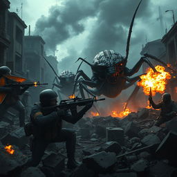 A hyper-realistic scene of a war-torn city, showcasing a dramatic resistance in action