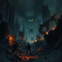 A hyper-realistic illustration of a dystopian cityscape at night, featuring a group of freedom fighters taking cover behind crumbling debris
