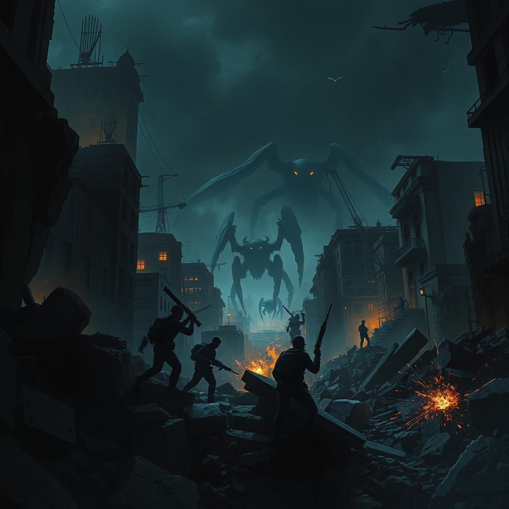 A hyper-realistic illustration of a dystopian cityscape at night, featuring a group of freedom fighters taking cover behind crumbling debris