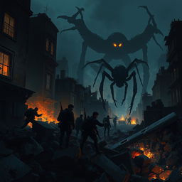 A hyper-realistic illustration of a dystopian cityscape at night, featuring a group of freedom fighters taking cover behind crumbling debris