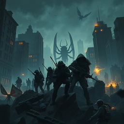 A hyper-realistic illustration of a dystopian cityscape at night, featuring a group of freedom fighters taking cover behind crumbling debris