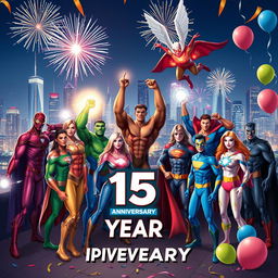A vibrant celebration scene showcasing 12 diverse superheroes, each uniquely designed with colorful costumes, gathered in a festive location