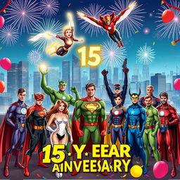 A vibrant celebration scene showcasing 12 diverse superheroes, each uniquely designed with colorful costumes, gathered in a festive location