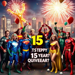 A vibrant celebration scene showcasing 12 diverse superheroes, each uniquely designed with colorful costumes, gathered in a festive location