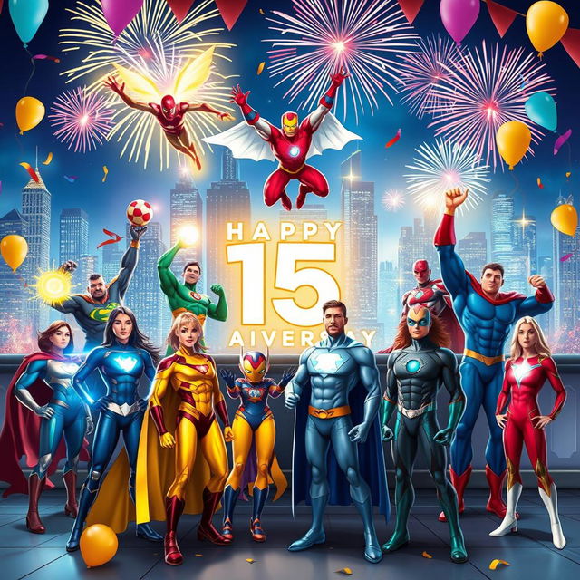 A vibrant celebration scene showcasing 12 diverse superheroes, each uniquely designed with colorful costumes, gathered in a festive location