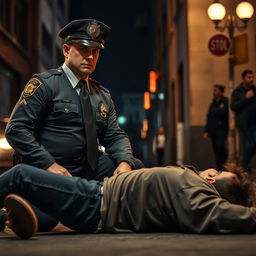 A dramatic scene where a stern police officer in a sharp uniform is seen face sitting a subdued criminal on the ground